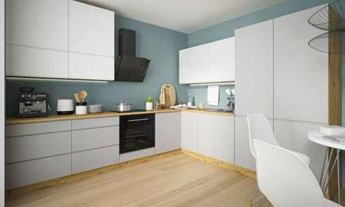 Feldmann Preiswert Wohnen L-Form Küchenzeile Avellino-AV mit Arbeitsplatte 290x305cm Teilauszug Eiche Artisan - Acryl weiß Stone Grey