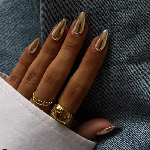 Goiern Lot de 24 faux ongles à coller en acrylique avec design bling-bling - Amande moyenne - Bronze clair