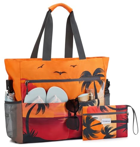 G4Free Large Beach Bag for Women Waterproof Sandproof Beach Tote Bag with Makeup Bag Zipper Pocket(Sunset Pattern)