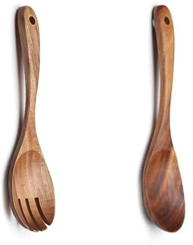 Fleymu Posate da Insalata in Legno, 2 Pezzi Set di Posate da Insalata in Legno d'ulivo, con Cucchiaio da Portata e Forchetta Grande, per Insalata, Pasta, Frutta, Utensili da Cucina