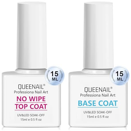 Base Coat Top Coat Gel UV Set, 2 * 15ml Base Coat und No Wipe Top Coat, Gel Nagellack Base, Überlack Set Gel Polish, Soak Off UV Gel Nagellack für Gelnägel Gloss Top Coat, Nail Art Starter Manicure