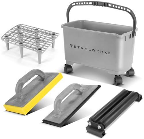STAHLWERK Kit de lavage professionnel pour carrelage - 5 pièces - Avec seau de 24 litres - Planche à laver les carreaux - Planche à râper - Nettoyage des carreaux parfaits