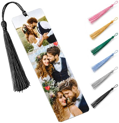OMNRELM Marque-page Personnalisé avec Photo et Texte, Marque-page en Métal avec Pompon de Couleur, Signet en Aluminium Cadeau pour Maman Papa Enseignant Amoureux des Livres (3 Photos)