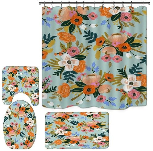 Duschvorhang Orange Braun Rosa Badezimmermatte Verdickung Bad Teppiche Set, Duschvorhang Stoff+Bath Mat rutschfeste(50x80cm)+U-Typ Fußmatte Wasseraufnahme+Toilette Badmatte