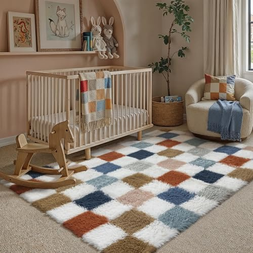 HUGEAR Alfombra Salon 120x180cm Pelo Largo a Cuadros Grande Blanco Colorido Suave Alfombras Antideslizante Modernas Habitacion Juvenil Pie de Cama Exterior Dormitorio Comedor Salón Cocina