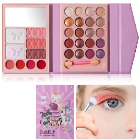 KARLOR Kit trucco all-in-1children 29 colori con pennello, palette trucco per bambini per ragazze, 20 ombretti, 2 glitter, 3 fard, 4 lucidalabbra, set trucco per bambini principessa make-up