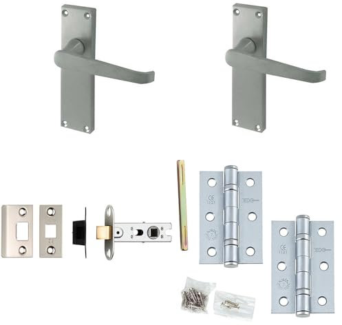 Door Handle & Latch Set Satin Chrome Flat Lever Latch Long Backplate