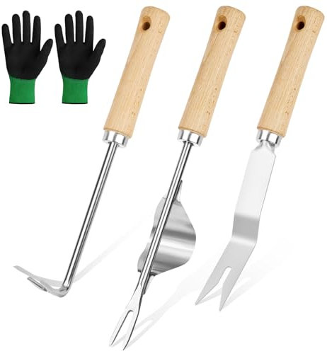 Adiwo 3 PCS Stainless Steel Hand Weeder Tool, Manual Weeder Set, Weeding Tools with Long Handle, Dandelion Remover Tool, With Gloves for Garden Weeding, Transplanting, And Soil Loosening