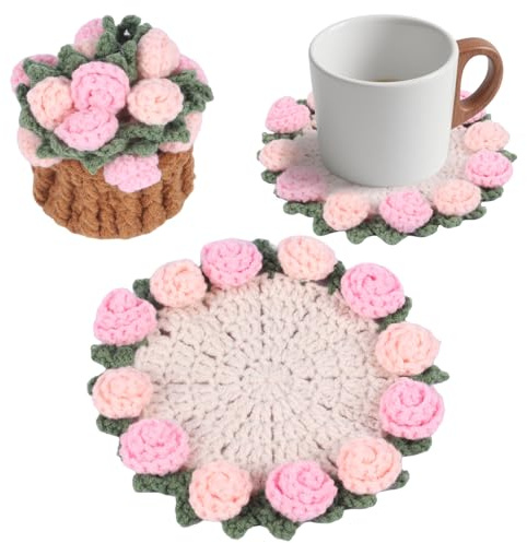 Fnaobai Handgjorda virkade underlägg set med minikorg – boho blommiga underlägg för soffbord bröllopspresent inflyttning, födelsedag vintage rosdesign (rosa)