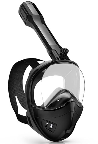 Maschera integrale da snorkeling, attrezzatura da snorkeling per adulti e bambini, con sistema di respirazione Dry Top e supporto staccabile per fotocamera, con vista panoramica a 180 gradi (nero, S/M