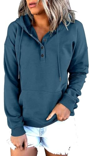 Huvtröja dam huvtröja – sweatshirt dam överdimensionerad bomullströja med knapprad långärmade tröjor enfärgad huvtröja v-ringad sweatjacka casual tröja huva dragsko t-shirts, marinblå, XXL