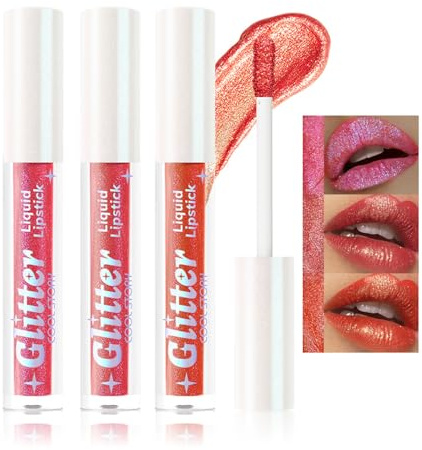 Brillo de labios brillante con purpurina 3 colores juego de lápiz labial líquido de relleno de aceite labial | Brillo similar a jarabe | duradero | Hidratante | Alto brillo | Set de brillo labial B