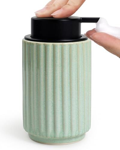ANTIS'S HOME Dispenser di sapone in ceramica, 350 ml, dispenser di sapone in schiuma ricaricabile, elegante dispenser di sapone per bagno e cucina, design a onde in verde, testa larga, durevole