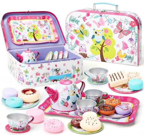 KONYXALU Updated Princess Tea Party Set for Little Girls & Boys - Toddler Tea Set with Dessert & Carrying Case- Immersive Tea Culture Discovery Set -Learn & Play Kids Tea Sets - Ultimate Gift Choice
