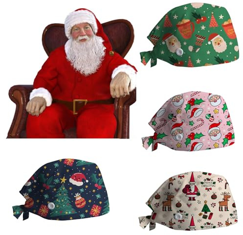 4 PCS Cuffia Chirurgico Natale Cappello Lavoro Bottoni Cuffia Infermiera di Uomini Donne Bandana Capello con Stampa Natalizia Regolabile con Bottone Cappello (IT, Testo, Taglia unica, 0-Multicolore)