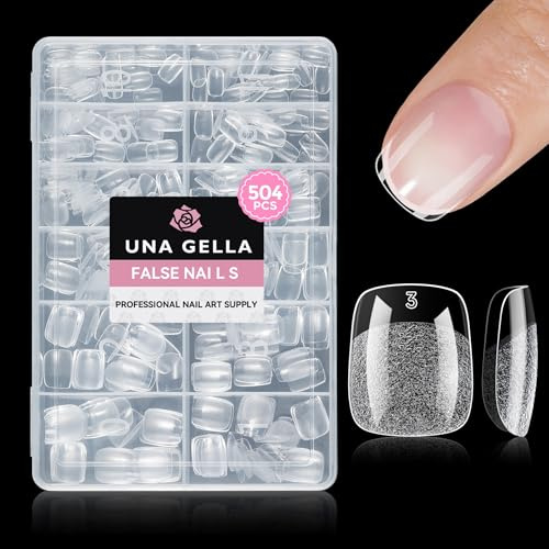 UNA GELLA Short Square Nail Tips 504PCS Soft Gel Fake Nails Tips Full Cover | Pre-etched Extra Short Squoval Press on Nails Extensions French Style Salon Full Cover Acrylic Tips 12 Sizes