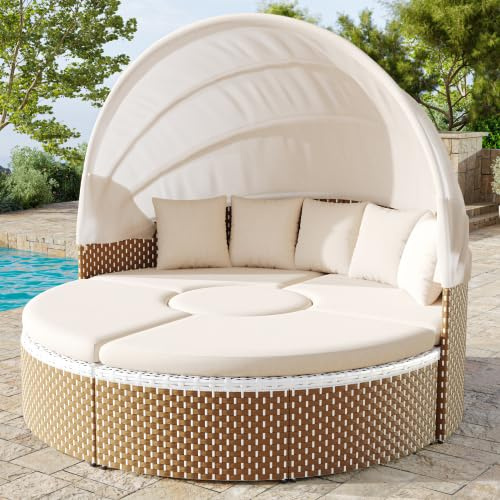 Merax Set di poltrone da giardino – Isola solare in rattan con baldacchino estraibile, set di mobili da giardino in polyrattan, doppio sedile e tavolo, con 5 cuscini e cuscini per seduta per balcone