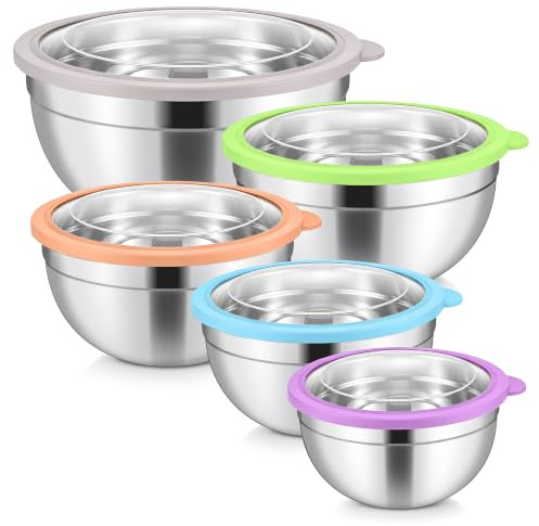 TEAMFAR blandningsskål med lock set om 5, rostfritt stål skålset, färgglad | Salladsskål med transparent och lufttätt lock för kök, 4,6/2,8/1,6/1,2/0,7 L, stapelbar, diskmaskinssäker