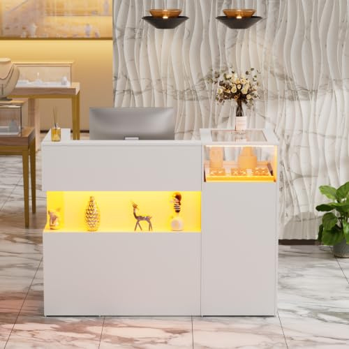Comptoir de Réception avec LED et Vitrine en Verre, Tablette pour Clavier et Tiroirs pour Salon de Coiffure, Bureau, Boutique 130x60x100 cm