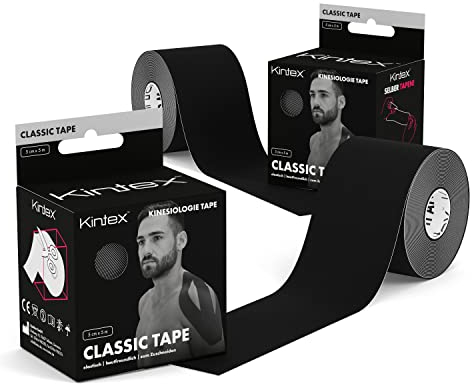 Kintex 2 Rollen Kinesiologie Tape Classic, 5 cm x 5 m, hautfreundliches & wasserfestes Kinesiologie Tape, Physio Tape, Medizinisches Tape (Schwarz)