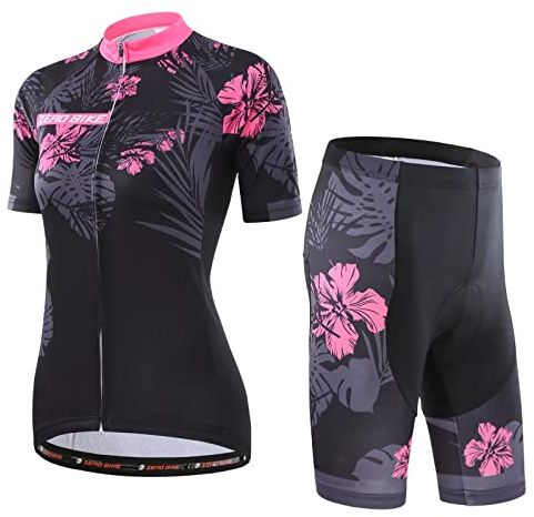 ZEROBIKE Kvinnors cykling ventilerande snabbtorkande tröjor set, jersey cykel kortärmad jacka + 3D vadderad kudde tighta shorts, M, Azalea