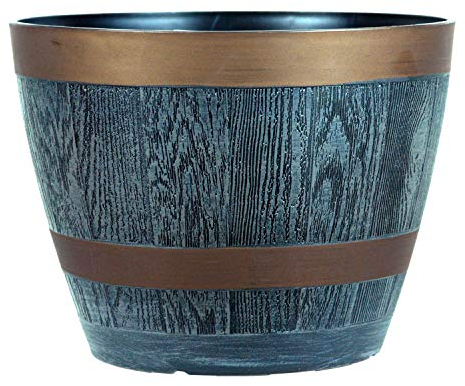 Rustic Style Dark Grey Plastic Half Barrel Cask Planter 28.5cm Diameter - Single Pot - Indoor & Outdoor Pot.