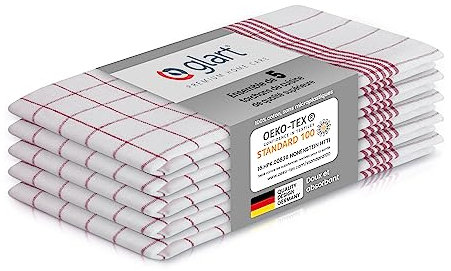 Glart 48KR1 Set de 5 paños de cocina 50x70 cm a cuadros rojos - 100% algodón, certificado OEKO-TEX, prelavado, absorbente, lavable, duradero, con colgador, para hogar, cocina, hostelería, oficina.