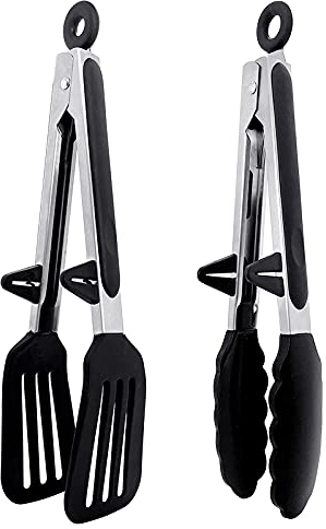 Kitchen Silicone Tongs Set of 2 - 9 Inch Non-Slip Locking BBQ & Serving Tongs with Stainless Steel Handle