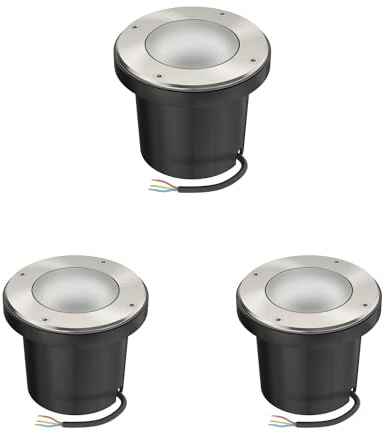 ledscom.de 3 unidades Lámpara empotrada en el suelo BOFU para exteriores, IP67, orientable, acero inoxidable, redonda, 150mm Ø, 1x GU10 máx. 15W, cristal esmerilado