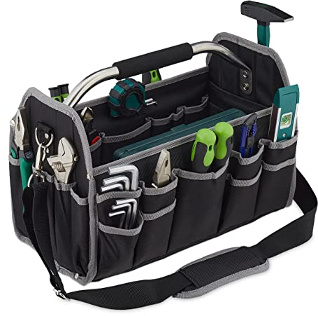 Relaxdays Werkzeugtasche, leer, Schultergurt & Tragegriff, offene Tragetasche für Werkzeug, HBT 30 x 42 x 23 cm, schwarz