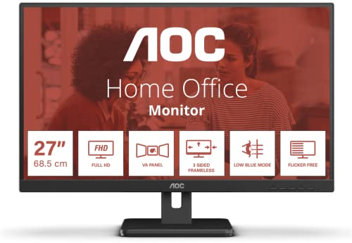 AOC 27E3UM - 27 Inch FHD Monitor, VA, 75Hz, 4ms, slim design, Speakers, Flicker Free, Low Blue light, USB Hub, Tilt, Adaptive Sync (1920 x 1080 @75Hz, 300 cd/m², HDMI 1.4 / DP 1.2 / USB 3.2)