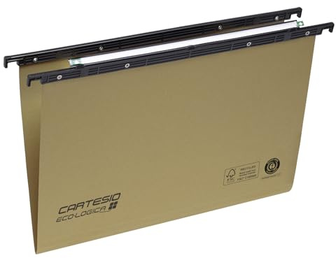 Cartesio Eco-logica® by Bertesi, Lotto di 25 Cartelle Sospese di qualità per Cassetti, in Cartone 240 g/mq, Portaetichette Lenticolare già Montato, 39 cm, Fondo a V, Colore Avana, Cod. 100/395 -A1