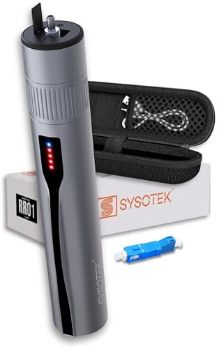 Sysotek Visual Fault Locator - Rechargeable Red Light VFL Fiber Optic Tool kit - Retractable Head fits SC FC ST - Optical Laser Light Pen Network Cable Fiber Tester with Protective Case and LC Adapter