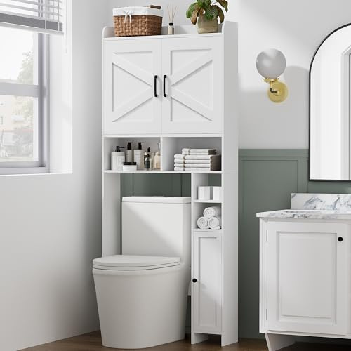 Homhedy Over The Toilet Storage Cabinet with 2 Barn Door and Toilet Paper Holder Stand, FreeStanding Toilet Shelf Space Saver, for Bathroom, Restroom, Laundry, White