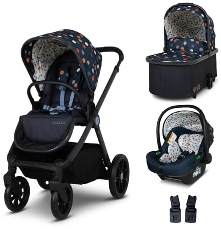 COSATTO Giggle 4 Travel System - 3 in 1 Travel System, 0-25kg Approx. 4 Years Old, Compact Fold, Pram, Pushchair, Carrycot, Seat Unit, i-Size Group 0+ Infant Carrier Car Seat & Raincover (Spot On)