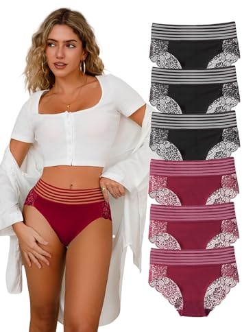Hialegion Culotte Femme Taille Haute Bikini Culotte Femme Dentelle Culotte Invisible Féminin Lot de 6 L