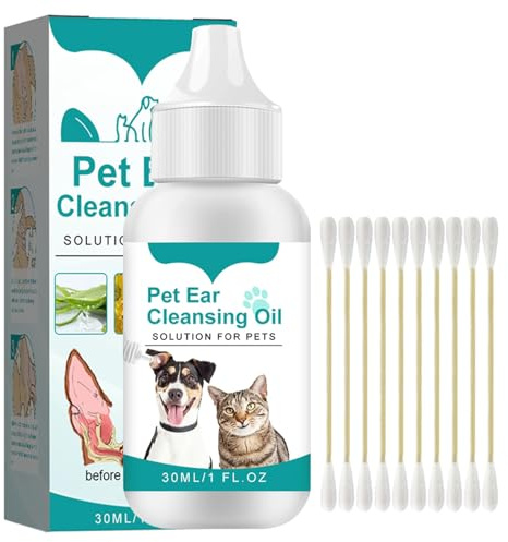 JJHXM 30ml nettoyant Oreille Chien et Chat Naturelle, pour Soins des Oreilles pour Animal,Nettoyage Oreille,apaise démangeaisons, l'entretien d'oreilles saines,avec des Cotons-tiges