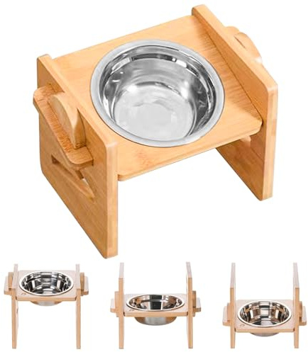 Gamelle Surélevée pour Chat et Chien - Support en Bois Réglable 4 Hauteurs avec Bol en Acier Inoxydable - pour Races Petites et Moyennes