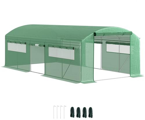 Outsunny Invernadero de Exterior 6x3x2 m Invernadero de Túnel con 6 Ventanas de Malla Cubierta de PE Anti-UV y 3 Puertas Enrollables con Cremallera para Jardín Patio Verde