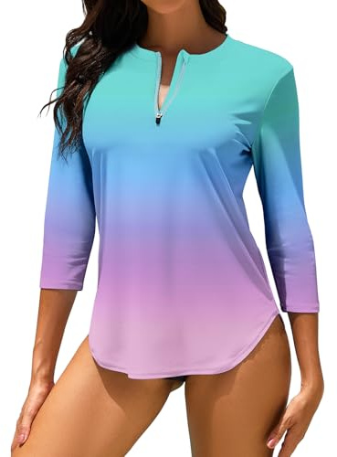 WOWENY Haut de Maillot de Bain Tee Shirt Anti UV Femme Rashguard Manches 3/4 avec Fermeture Éclair 1/4 UPF 50+ Séchage Rapide pour Sports Nautiques Surf Plage
