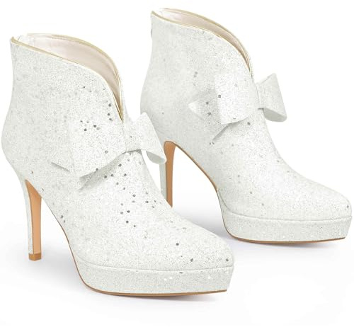 Perphy Women Sparkle Glitter Stiletto Heel Platform Bow Ankle Boots | Pointed Toe Stiletto. Lightly Padded Insole. Buckle Detail. Party, Wedding, Date, Nightclub, Homecoming