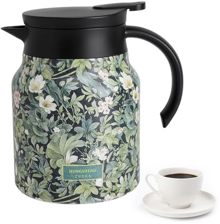 KQDRAVINE Caraffa Termica con Filtro per Tè, Thermos 1 Litro in Acciaio Inox con Motivo Floreale, Termos Caffè Doppio Strato, Sottovuoto Thermos Caffe, Thermos per Bevande Calde per Tè Latte