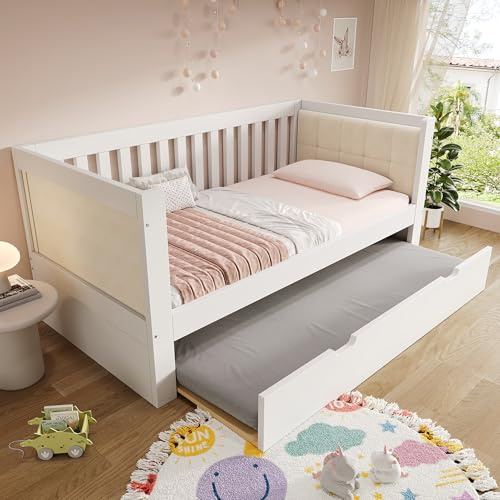 Zravenna Sofá cama de madera maciza, 90 x 190 cm, con cama nido y respaldo de tres lados, cama individual con somier, cómodos reposabrazos con tela de terciopelo, sin colchón (blanco B, 90 cm x 190 cm