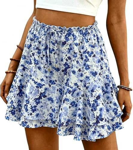 ROFUSSO Short D'étéà Volants Taille Haute pour Femme Short de Plage Fluide et Léger Jupe Courte Décontractée à Taille Élastique et Cordon de Serrage