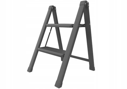 DRABEST - Hushållsstege 2 steg, Trappstege med plattform, Hopfällbar pall, Stål, Stabil med halkskydd, Maxbelastning 150 kg, Svart, SLIM, 5 cm hopfälld