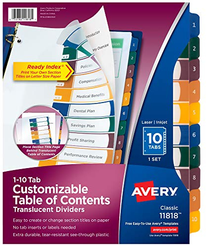 Avery Plastic 10 Tab Binder Dividers, Customizable Table of Contents, Multicolor Tabs, 1 Set (11818)