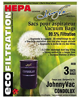 Johnny Vac 3-Pack HEPA Filtration Central Vacuum Bags for Condolux, 0.3L, Includes 3 Bags