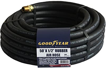 Goodyear 50' x 1/2 Black Rubber Air Hose - 250 PSI Working Pressure - 1070 PSI Burst Pressure - 100% Brass 1/4 NPT Fittings - Made in USA