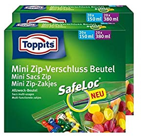 Toppits Mini zip-förslutningspåse 20 x 150 ml och 20 x 380 ml med SafeLoc (2-pack)