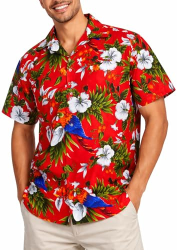 King Kameha Funky Chemise-Hawaienne, Manche-Courte, Cherry-Parrot, Rouge, L